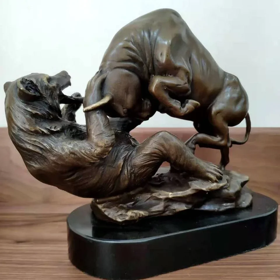 Creative Wall Street Charging Bull and Bear VS Fighting Statue Bronze Sculpture Stock Market Animal Figurine Art Office Decor