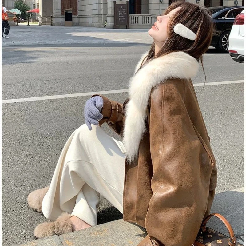 Women's Winter New Maillard High-end Casual Thick Coat Loose  Beautiful Caramel Color Big Fur Collar Fur Integrated Down Jacket