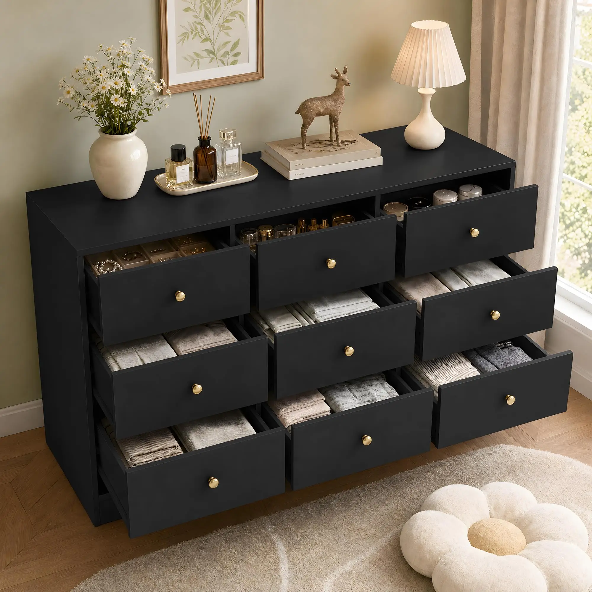 57 Inch Wide 9 Drawer Dresser For Bedroom, Modern Wood Storage Chest With Gold Handles For Closet Living Room Hallway Entryway