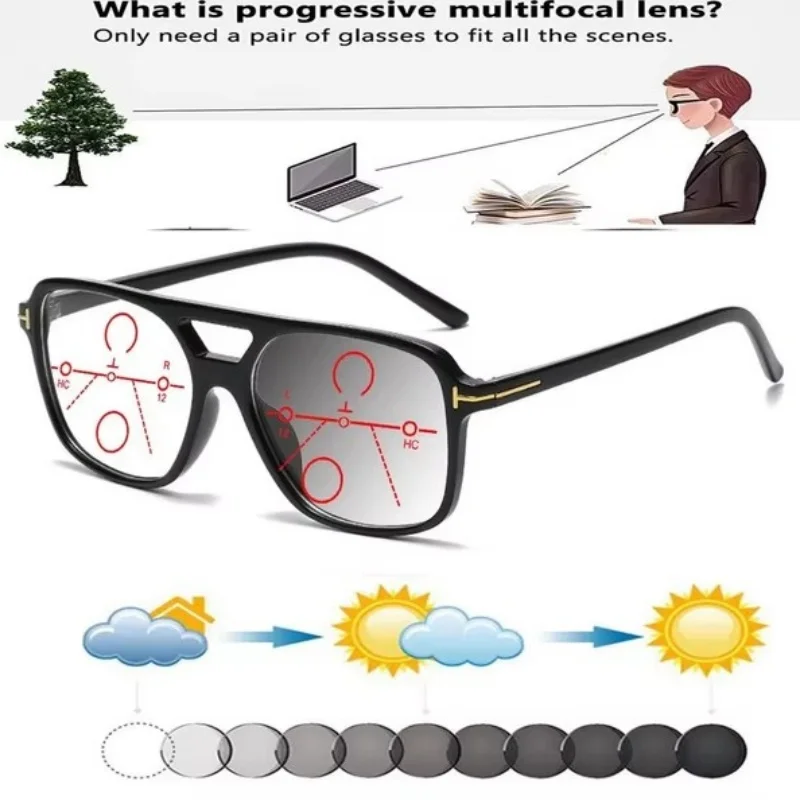 

Clara Vida 3 in One Double Bridge Retro Frame Photochromic Progressive Multifocal Reading Glasses Men Women +0.75 to +4