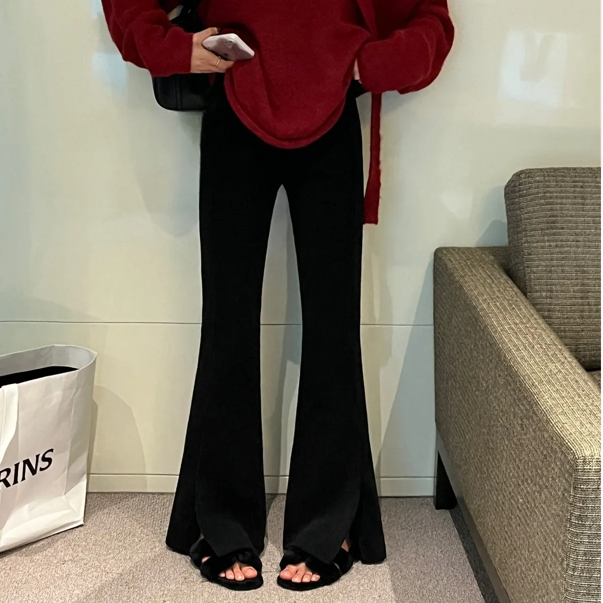 High Waist Flared Casual Pants Women's Chic Versatile Simple Thick Board Slit Striping Slimming Tight Micro Flare Long Trousers