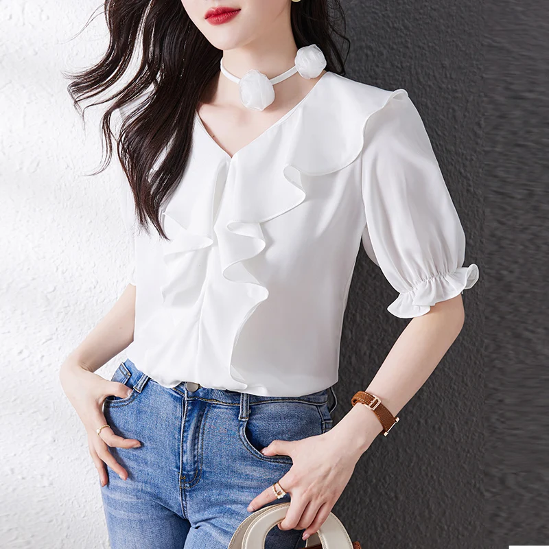 Nieuwe Dameskleding Chiffon Blouse Dames Koreaanse Shirts Dames Wit Roze Slim Fit Tops