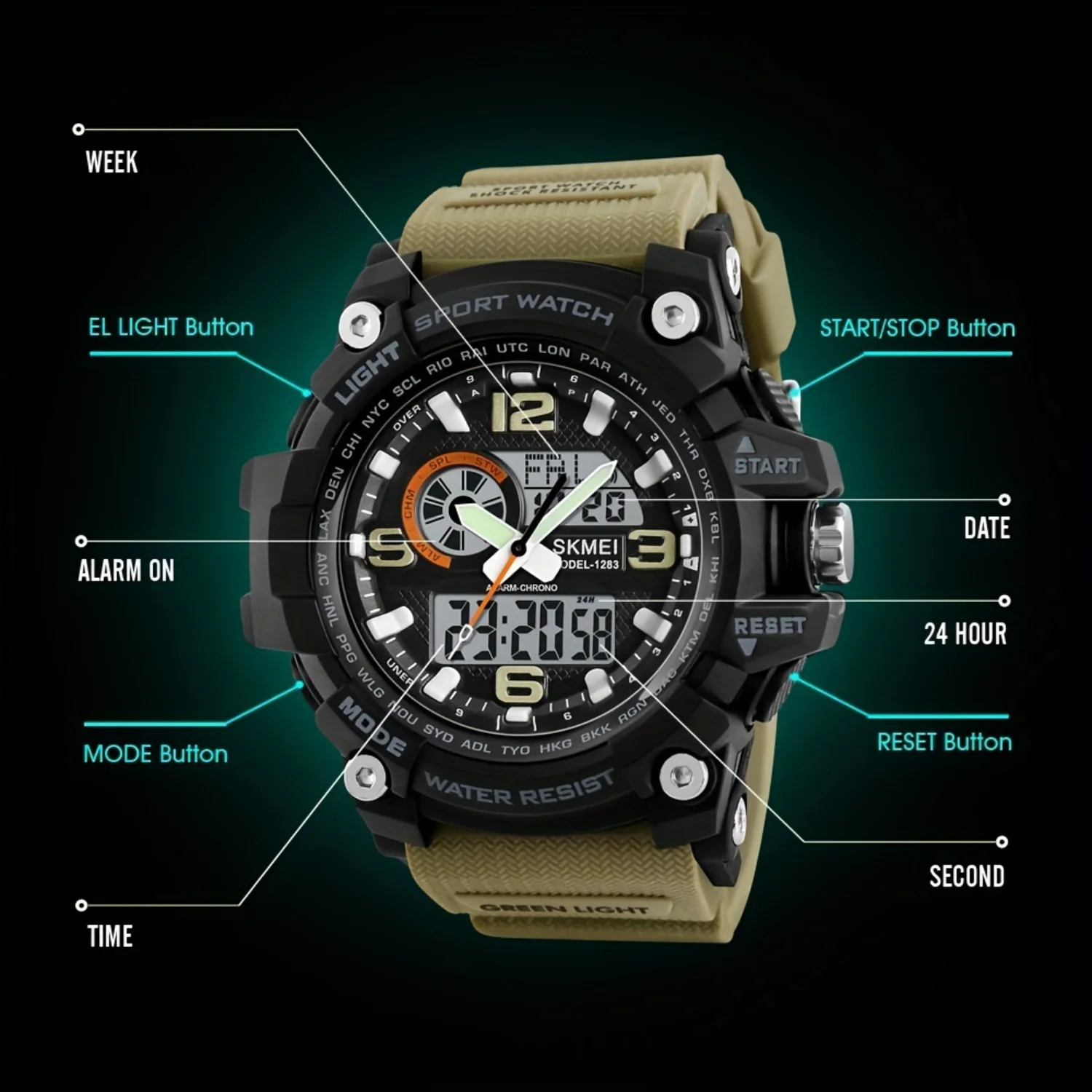 Waterproof Dual Time Electronic Watch, Outdoor Stopwatch with LED, Multifunctional Sports Wristwatch