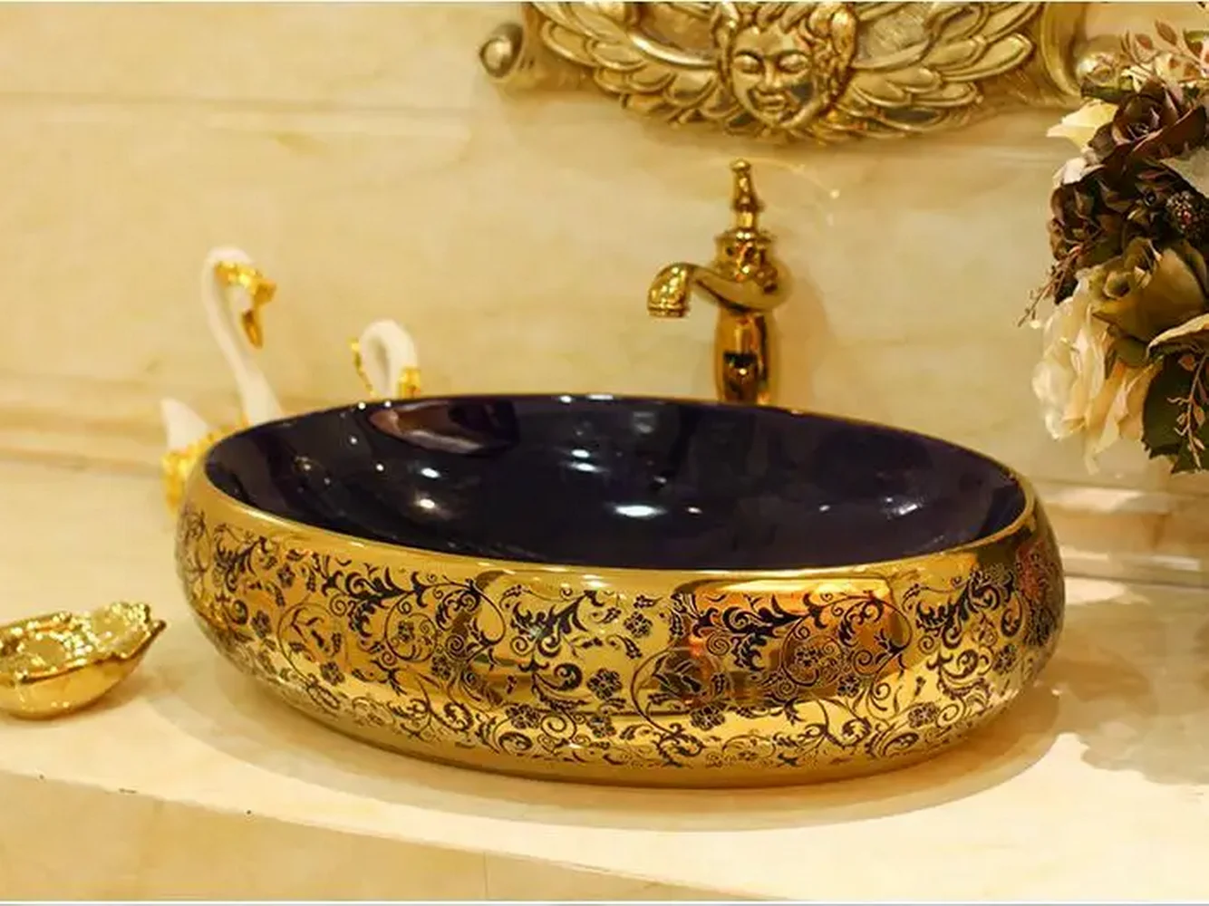 Above counter basin wash ceramic bathroom art oval blue gold glittering YX236TB