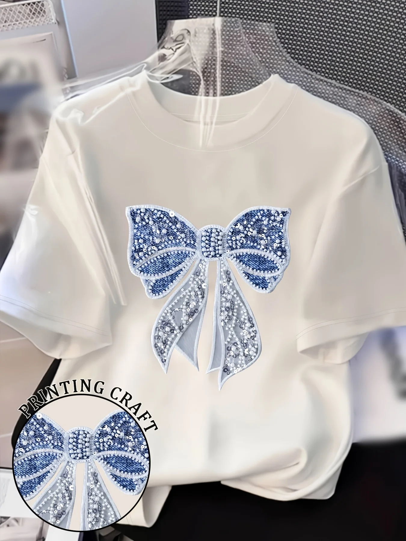 Sweet and Cool Style Imitation Denim Bow Print Pattern T-shirt Slimming and Concealing T-shirt Daily Top Female Clothes 2026