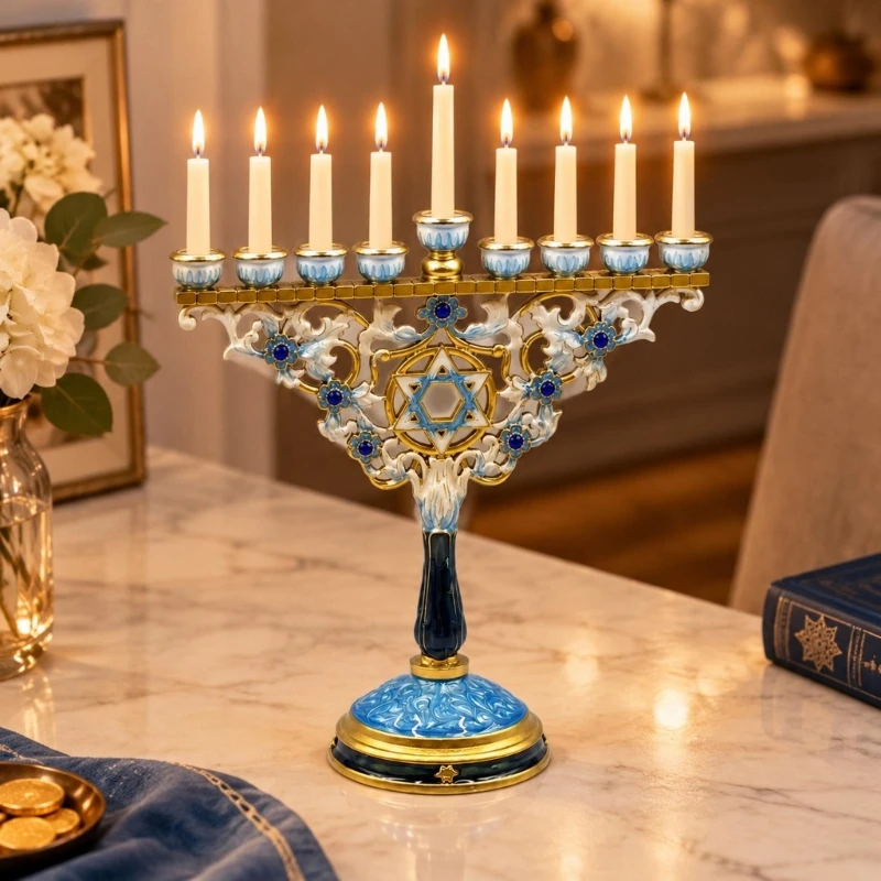 Decorative Jewish Stand with Blue, White, and Warm Gold Tones, Nine Positions, and Enamel-Like Metal Finish for Y5GB