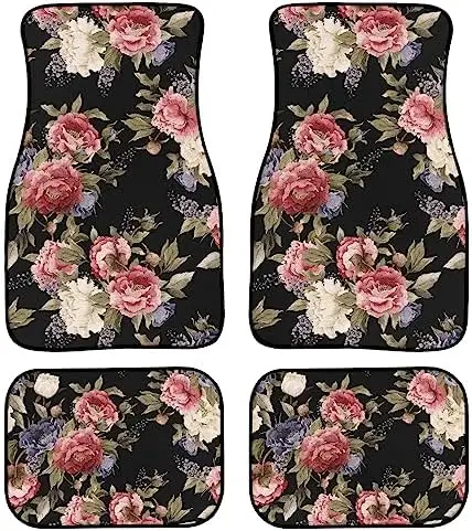 

Винтажные автомобильные коврики с цветочным узором, комплект из 4 штук – универсальный дизайн с акварельными пионами для переднего и заднего сидений – бесшовные автомобильные коврики для легковых и грузовых автомобилей.