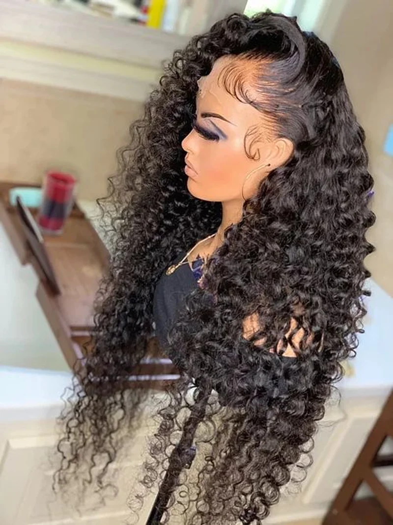 Soft 26Inch Long 180 Density Black Kinky Curly Lace Front Wigs For Women With Baby Hair Synthetic Fiber Deep Part Daily