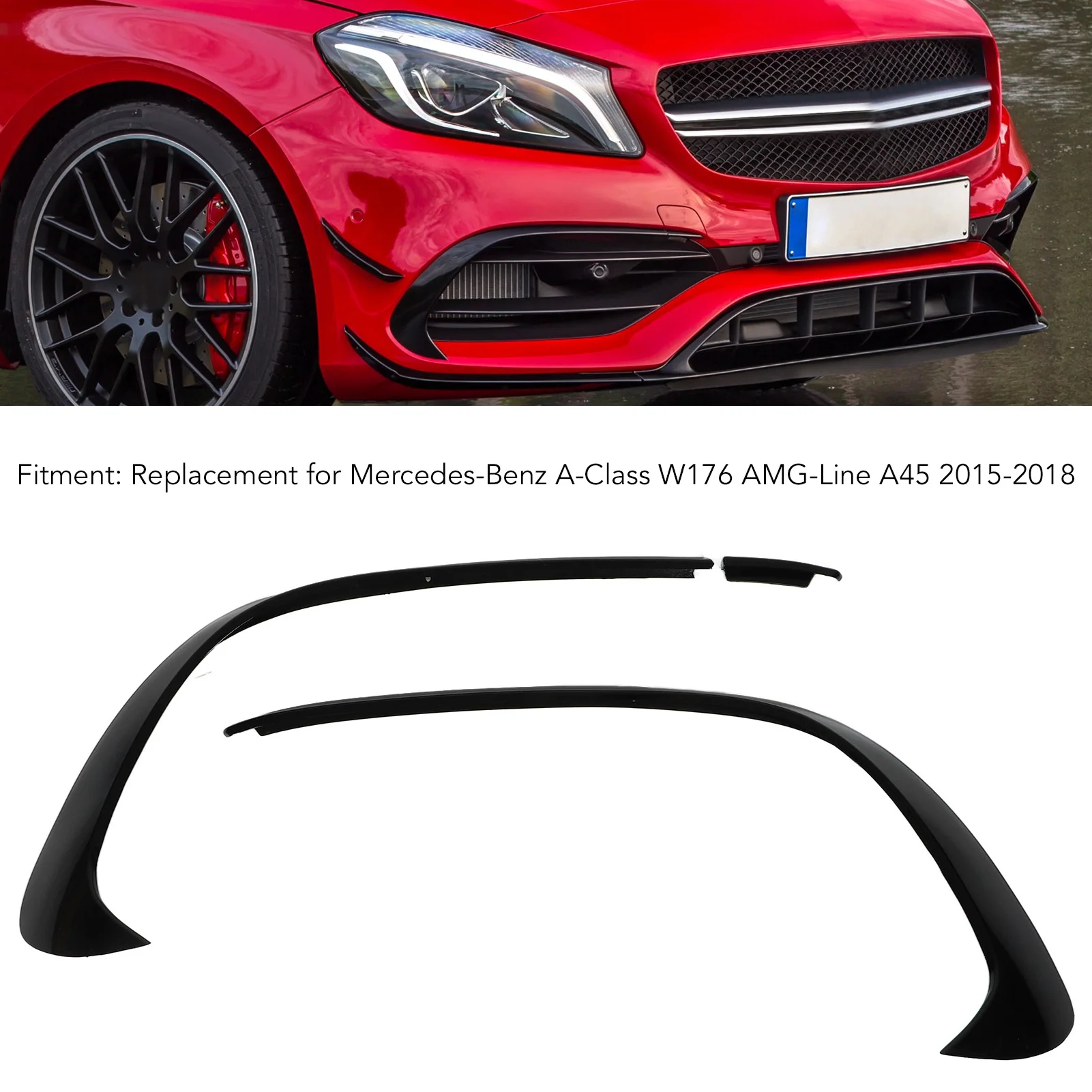 3pcs Glossy Black Front Bumper Spoiler Splitter Trim Replacement for Mercedes‑Benz A‑Class W176 AMG‑Line A45 2015‑2018