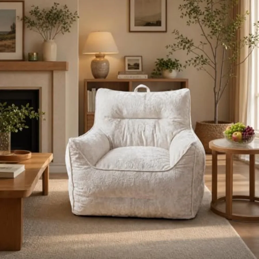 Luxury chenille bean bag chair for living room and bedroom, white, high-density shredded foam filling with ergonomic back suppo