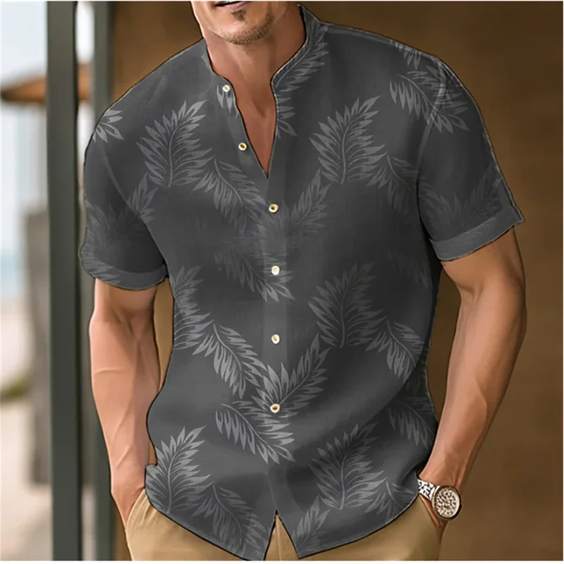 Men\'s Shirt Leaf Print Stand Collar Black Blue Purple Green Outdoor Street Short Sleeve Clothing Dress Fashion Designer New 2023