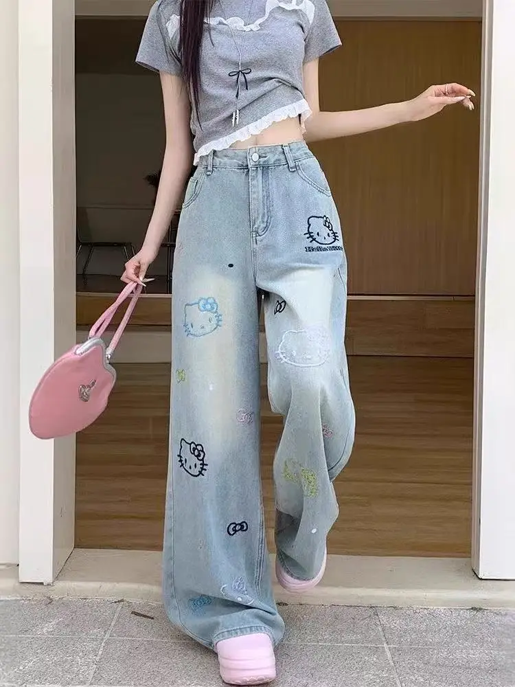 Sanrio Kawaii Jeans Hello Kittys Linda niña pantalones de pierna ancha cintura alta nuevo estilo pantalones vaqueros sueltos cómodos dibujos animados rectos