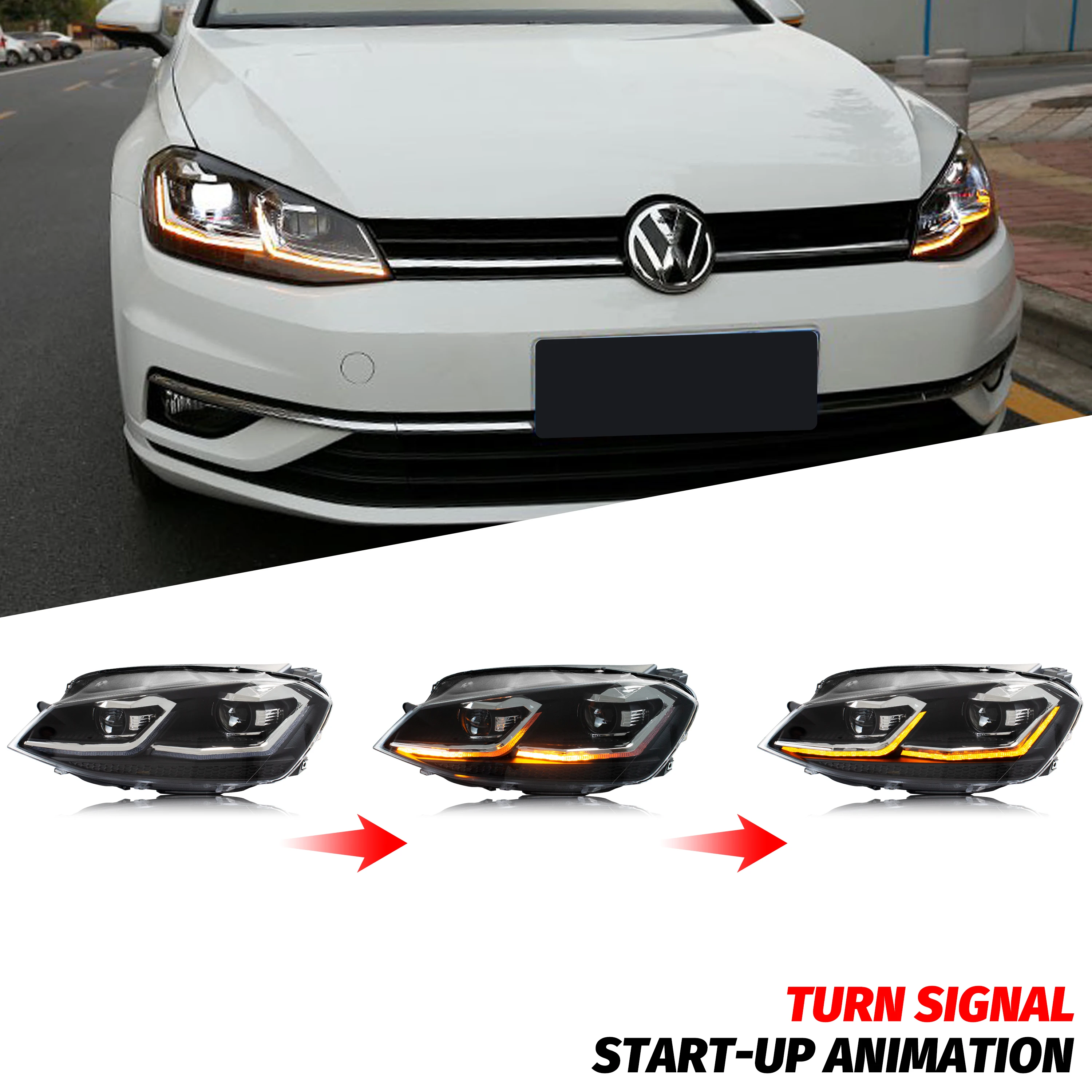 المصابيح الأمامية LED لسيارة Volkswagen VW Golf 7 MK7 VII 2013-2017 مجموعة المصابيح الأمامية لإشارة الانعطاف المتتابعة غير مناسبة لنموذج GTI وXenon