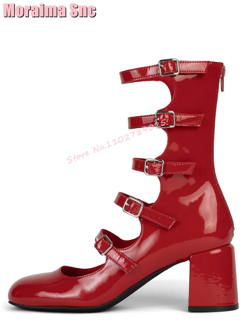 Fibbia per cintura Punta tonda Hollow Mary Janes Block Tacco grosso Cerniera posteriore Scarpe da donna in pelle verniciata Moda estiva Bianco Siolid Nuovo