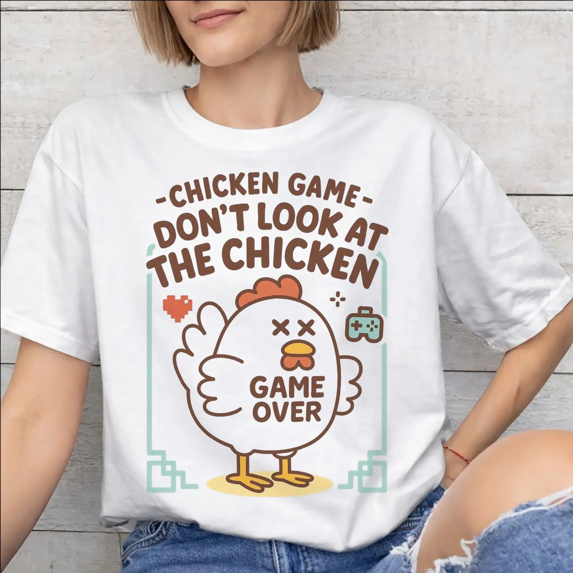 Men Women Graphic Printed Chicken Game Dont Look At The Chicken  Tee T Shirt 100% Cotton  T-shirts Clothing
