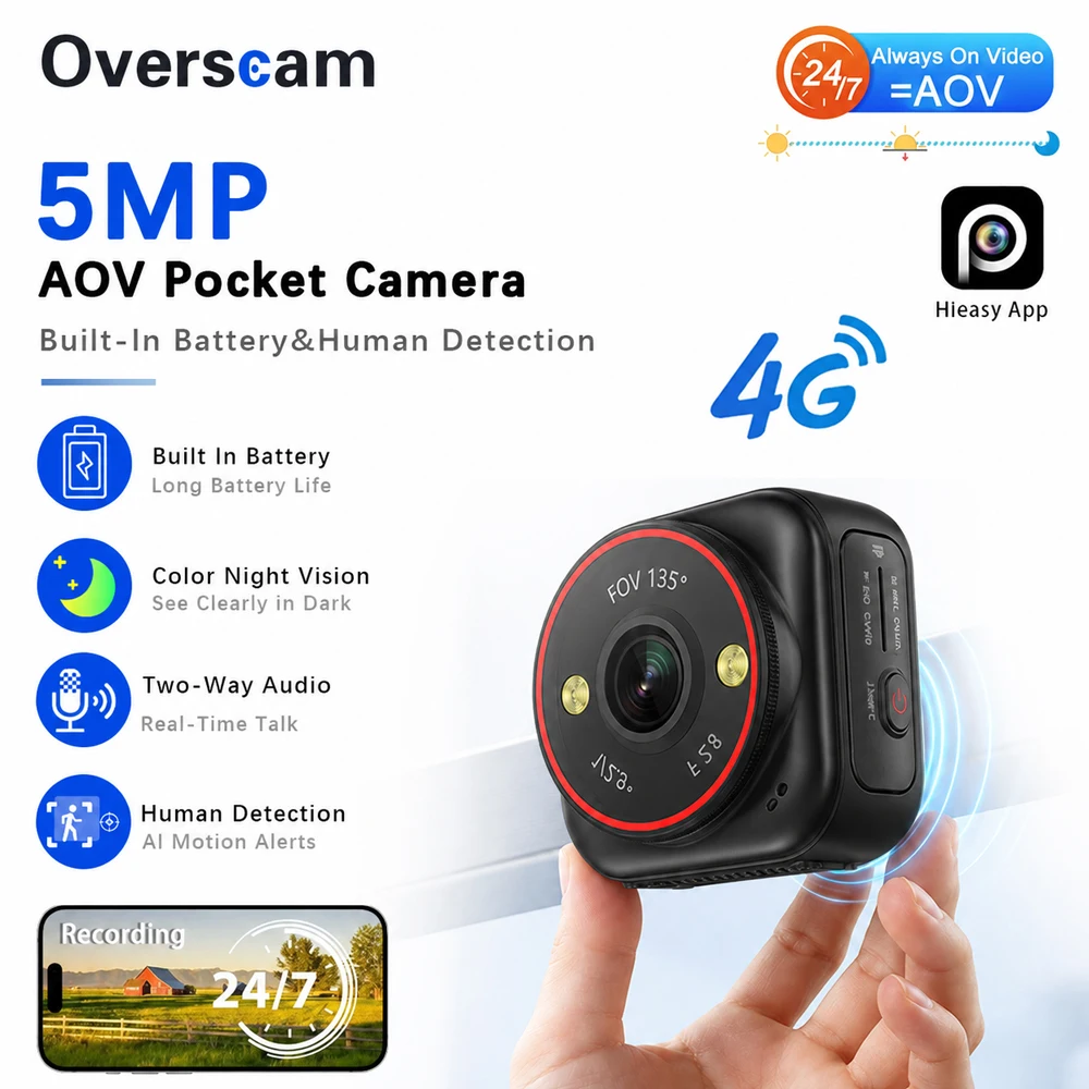 5MP 4G Pocket Security Camera Magnetic Mount Mini Camera Built-In Battery Human Detection Support 256G Cloud Storage Remote View