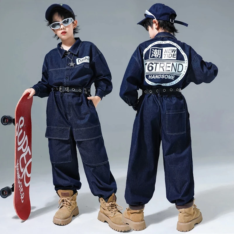 Kids Street Dance Denim Overalls Rompers Boys Hip Hop Bodysuit Girls Cargo Jeans Pants Jumpsuits Children Streetwear Dungarees