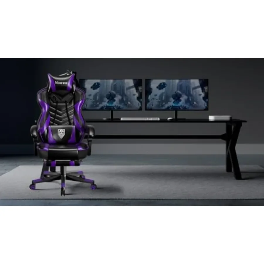Gaming Chair for Big and Tall Adults with Footrest, Massage, Lumbar Support, Ergonomic High Back, Pocket Spring Cushion, Purple
