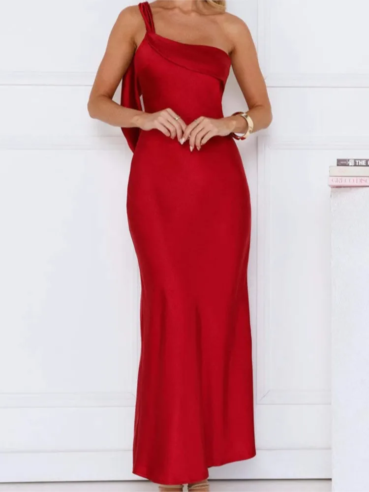 

Dresses 2025 Woman Solid Color Suspender Sexy High-end Satin Slit Dress Temperament Elegant Trendy Vestidos Evening Dress Slim