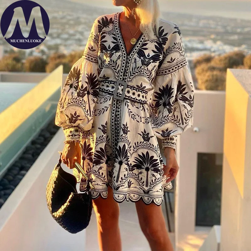 

Elegant Womens Dresses 2025 Summer New Printing V Neck Long Sleeves Belt Dresses Fashionable Casual Loose Beach Vacation Dress