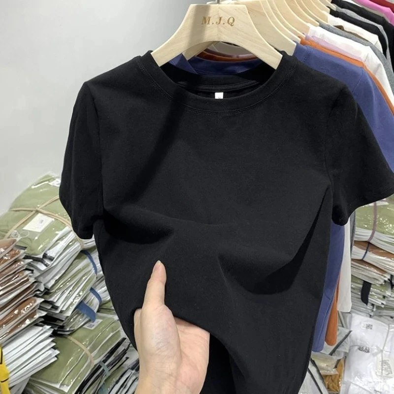 T-shirt homme femme en coton de haute qualité à manches courtes, col rond, couleur unie, T-shirt noir blanc respirant, vêtement