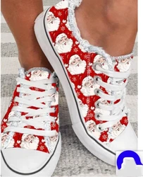 Women's Red Print Canvas Shoes Plus Size Christmas Shoes Casual Lace up Flat Vulcanized Shoe Shallow Mouth Comfortable Sneakers