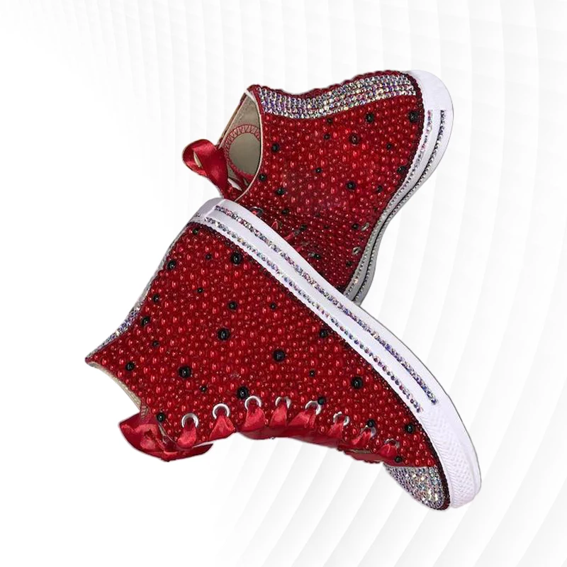 Red diamond pearl ribbon party wedding high top women\'s shoes handmade custom large size lace-up canvas shoes 35-44