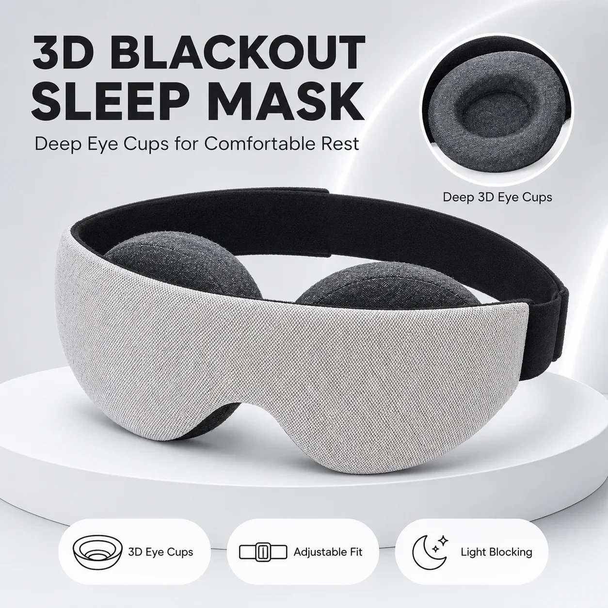 3D Detachable Eye Cups Sleep Mask 100% Light Blocking Zero‑Pressure Adjustable Soft Sleeping Eye Mask for Travel Night Rest