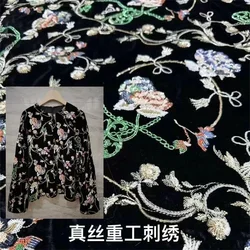 135cm Width Heavy Industry Sequin Bead Embroidery Velvet Fabric Luxury Handmade Designer Fashion Jacquard Mulberry Silk Fabric