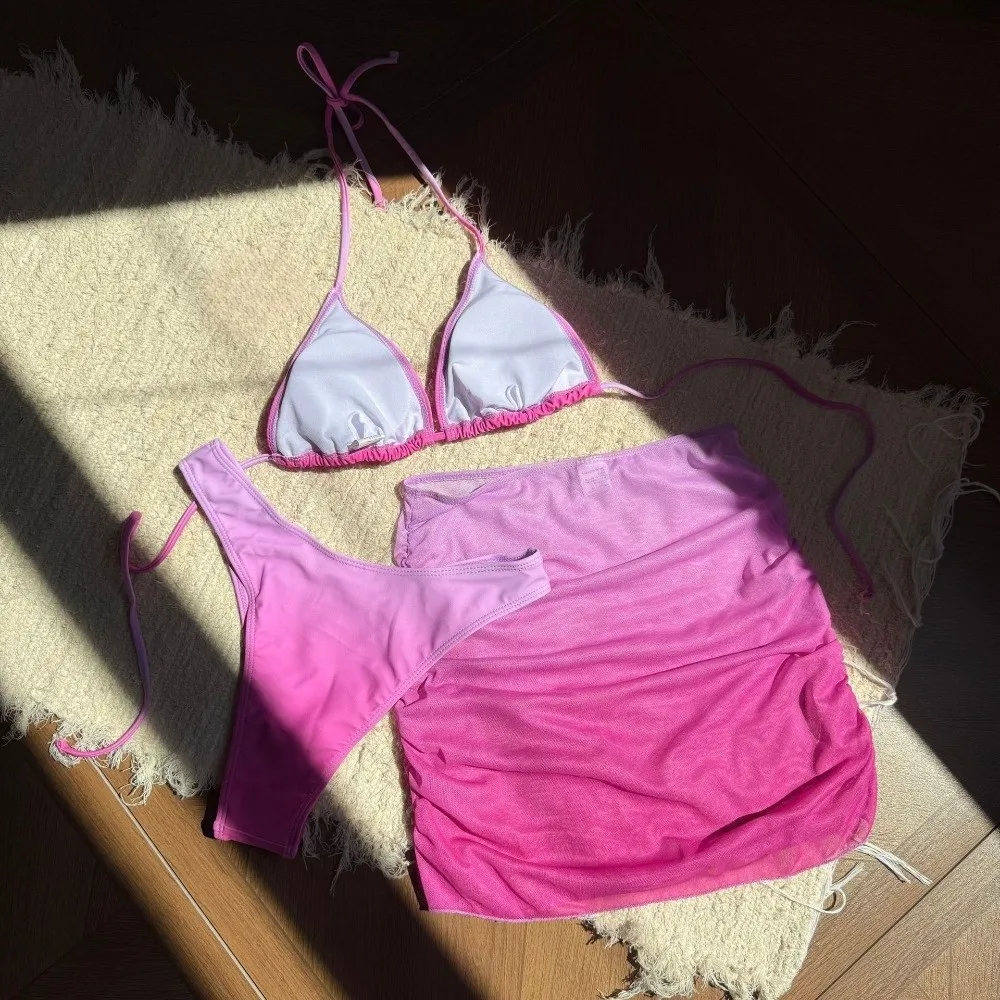 Lace Up 3 in 1 Gradient Color Swimwear Set Slim Fit Beachwear Clothing Bikini Bathing Suit Deep-V Sleeveless Swimsuit