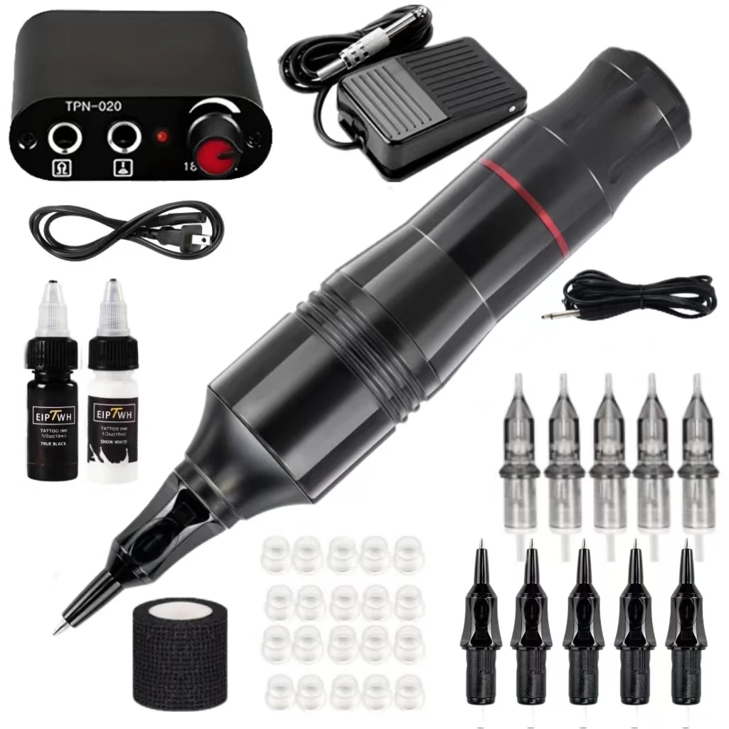 Professional tattoo machine set with syringe, power supply, and black and white ink - beginner and master tattoo set