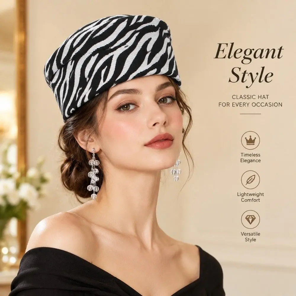 New Lightweight Zebra Print Beret Hat Soft Warm Women Pillbox Hat Structured Round Top Air Hostess Hat Spring Autumn Winter Wear