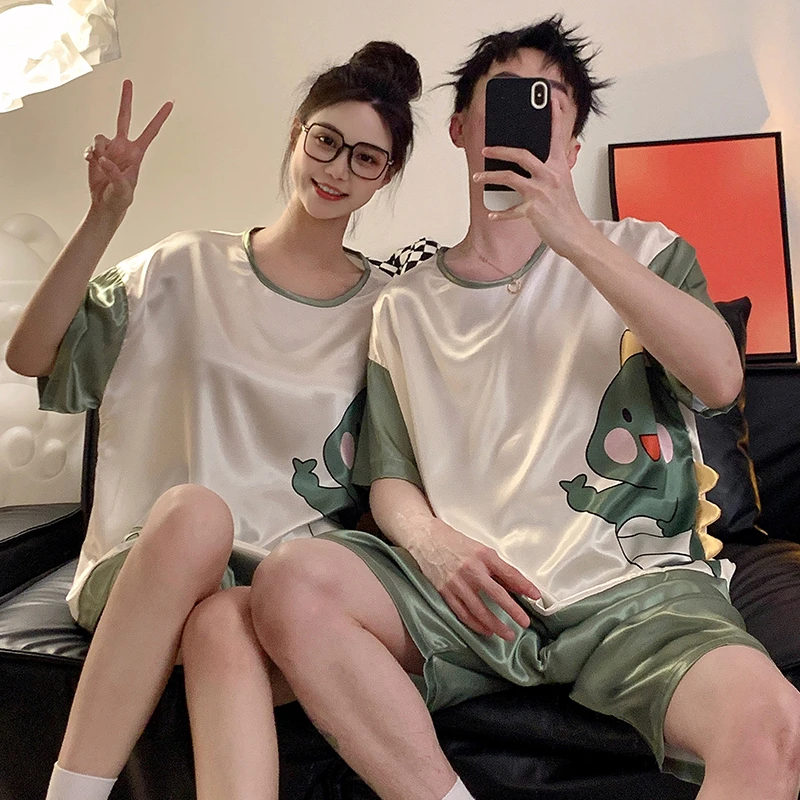 Lovely Dinosaur Women Men Pajama Sets 2PCS Korean Loose Pijama Mujer Sleepwear Silk Cloth  Pyjama Femme Loungewear Girl Night