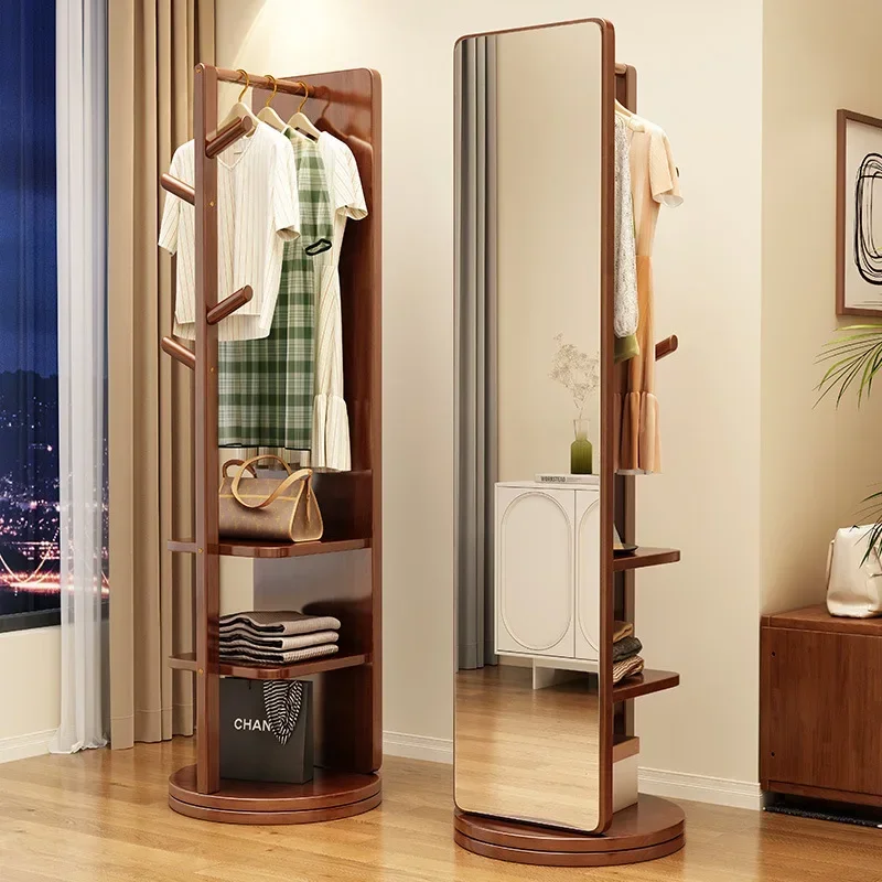 

Solid wood rotating dressing mirror, floor mounted mirror, household full body mirror, movable bedroom hanger, coat rack