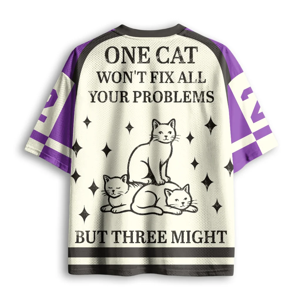 One Cat Won't Fix All Your Problems Three Cats Print V Neck Mesh Jersey, Vintage Kitten Slogan Graphic Short Sleeve Tops