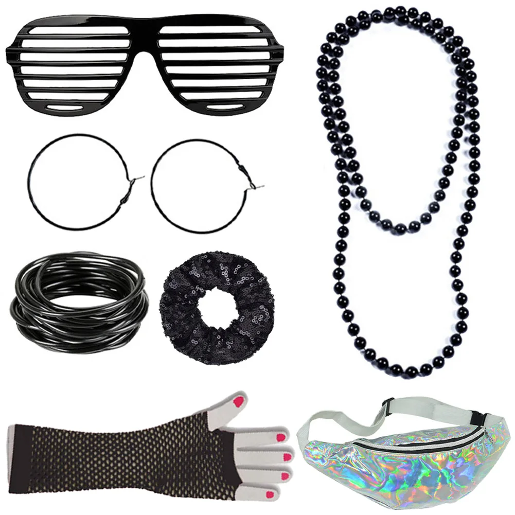 Women 1980S Hippie Single Party Girls Makeup Costume Accessories Halloween Suit Props Female Necklace Bracelet Bag Headgear Set