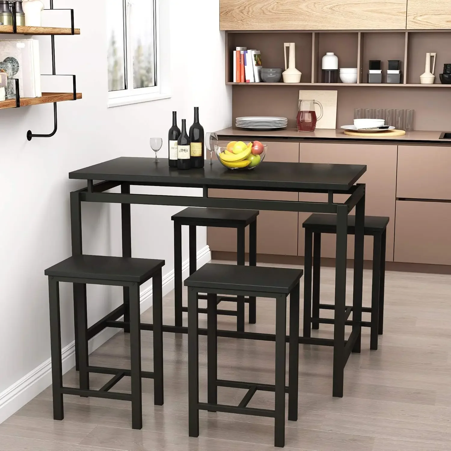 5 PCS Dining Table Set, Modern Kitchen Table and Chairs for 4, Wood Pub Bar Table Set Perfect for Breakfast Nook