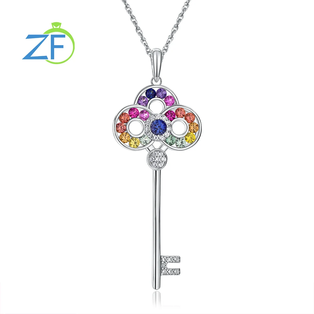 

GZ ZONGFA 925 Sterling Silver Key Pendant Necklace for Women Created Colored Gemstone Necklace Engagement Party Fine Jewelry