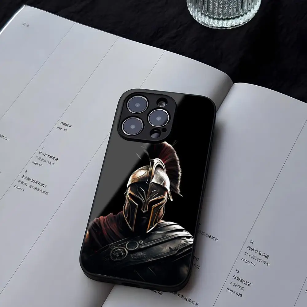 Black Spartan Warrior Phone Case Tempered Glass For iPhone 13 14 12 16 15 11 Pro XS Max Plus Mini X XR SE2020 Coque