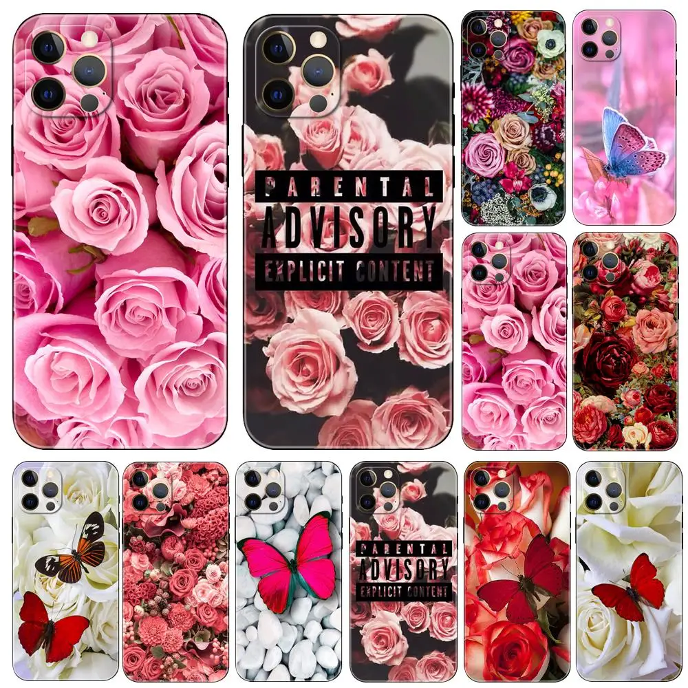 Funda de teléfono con mariposa roja sobre rosas blancas, carcasa trasera de tpu negra para iphone 14 se 6s 7 8 plus x 10 XR XS 11 12 13 mini pro MAX