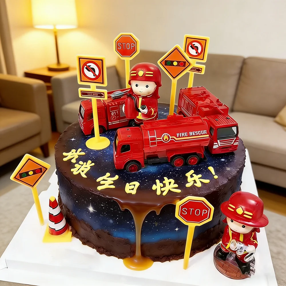 Décorations de gâteau sur le thème des camions de pompiers, topper de gâteau pour garçon, héros des pompiers, pour fête d'anniversaire, cadeau pour le 1er anniversaire des enfants