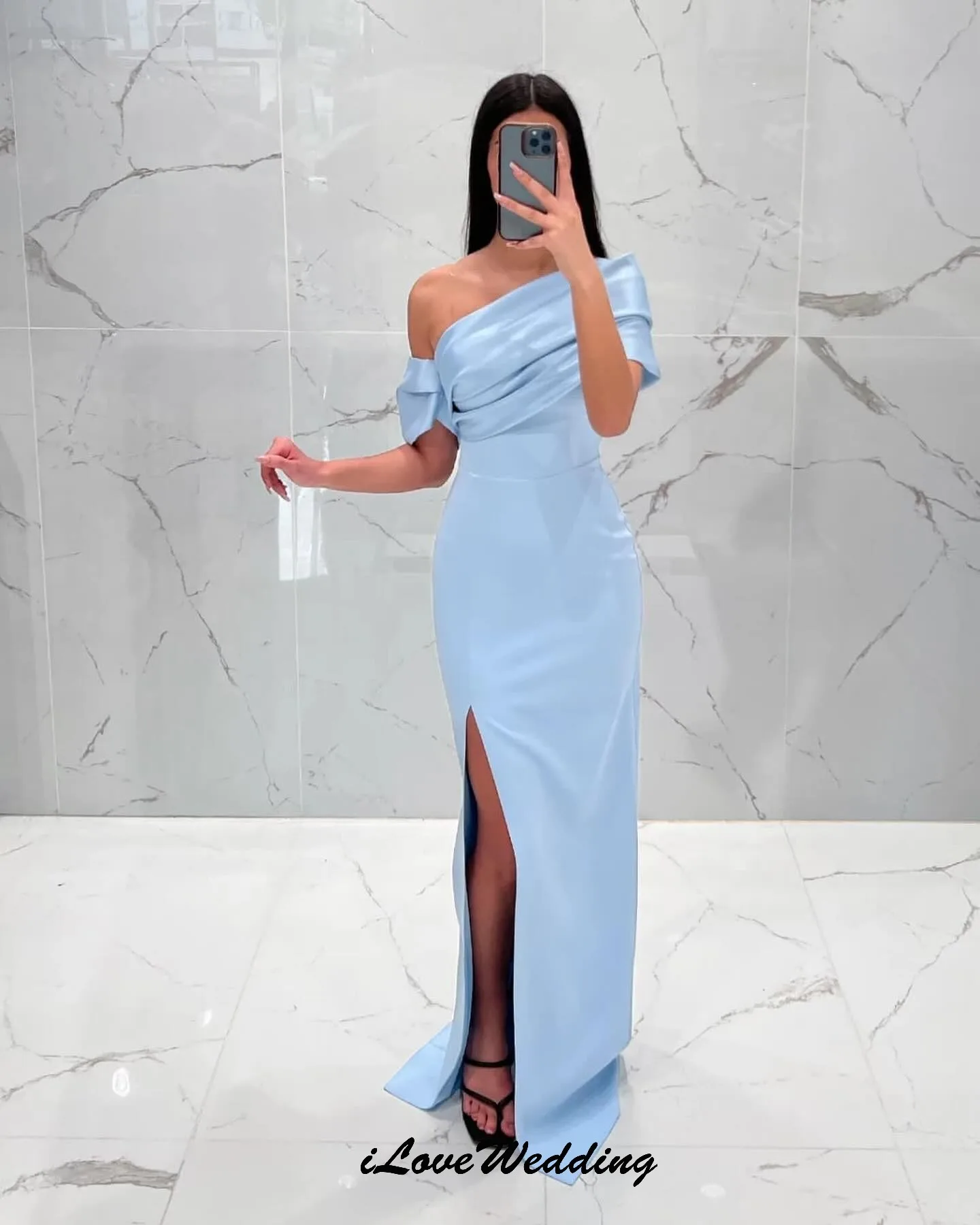 Vestidos de Noche de sirena azul 2025, elegante vestido de fiesta de boda de satén para mujer, vestidos de dama de honor con hombros descubiertos personalizados