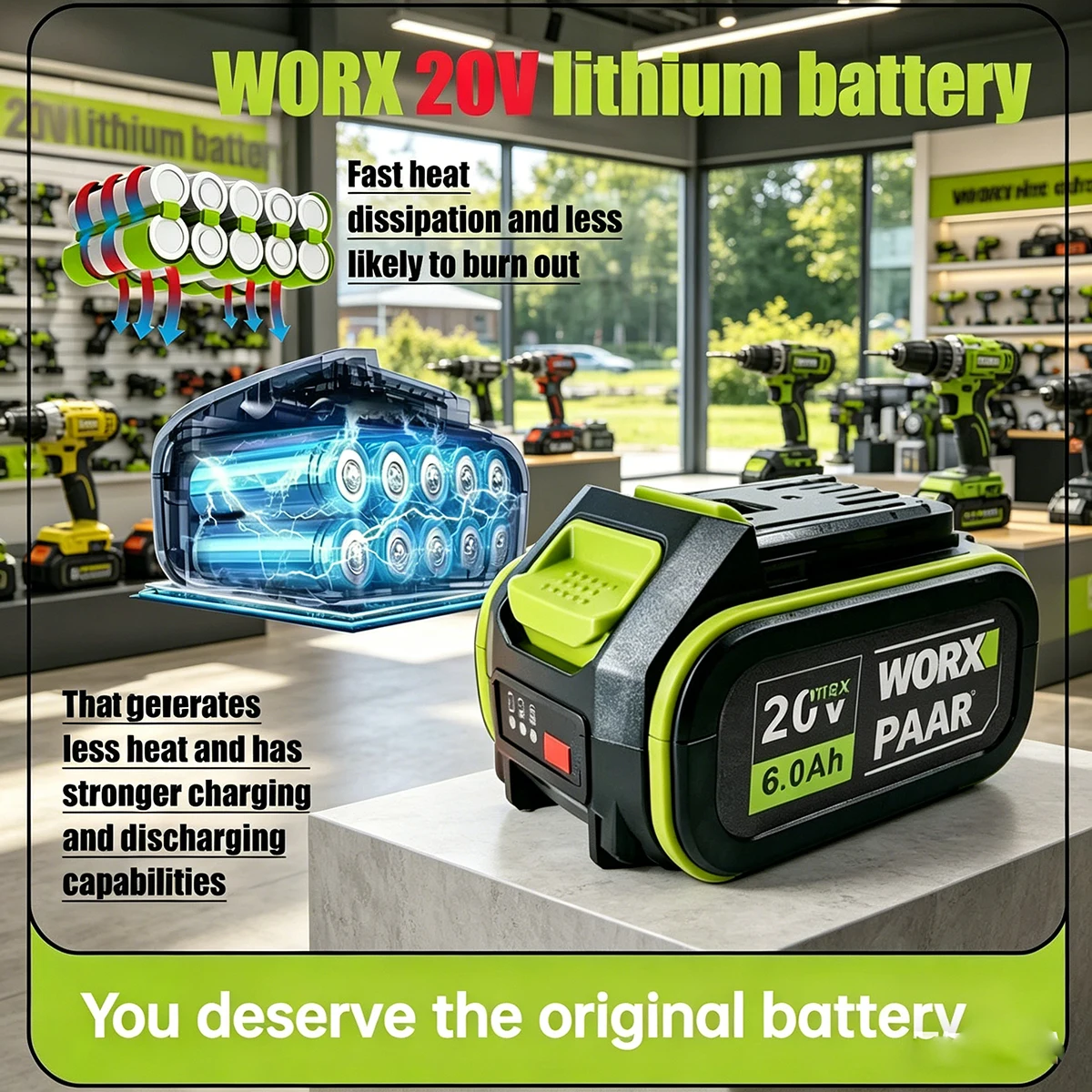 

For Original 20V WORX Replacement Lithium-ion Battery, for WA3551 WA3551.1 WA3553 WA3641 WX373,High Capacity Power Tool Battery
