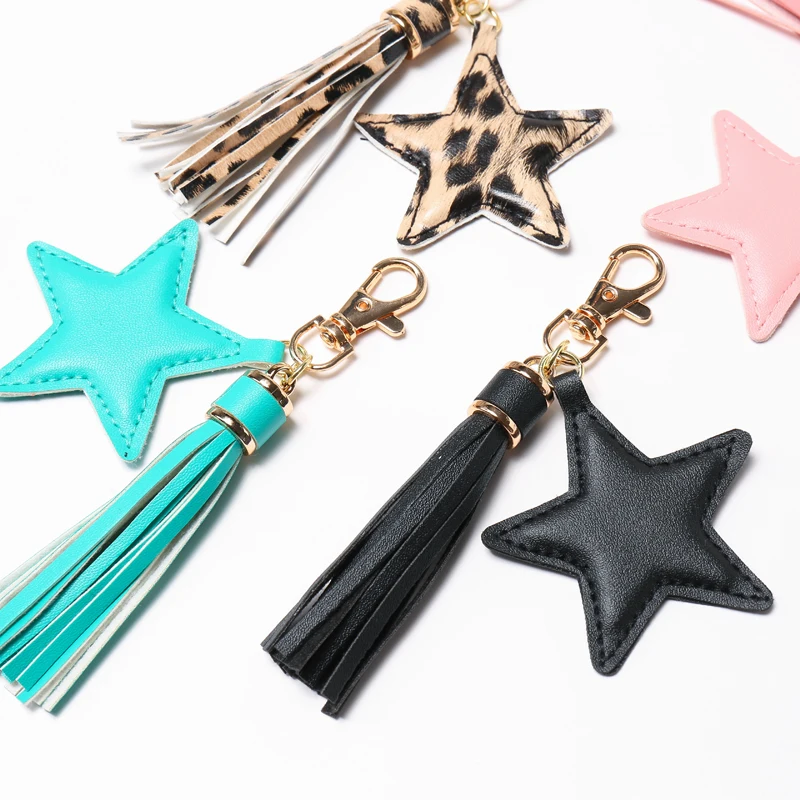 Sansango PU leather Tassel Key Chain for Women Girl Star Pendant Lobster Clasp Key Rings Bag Accessories