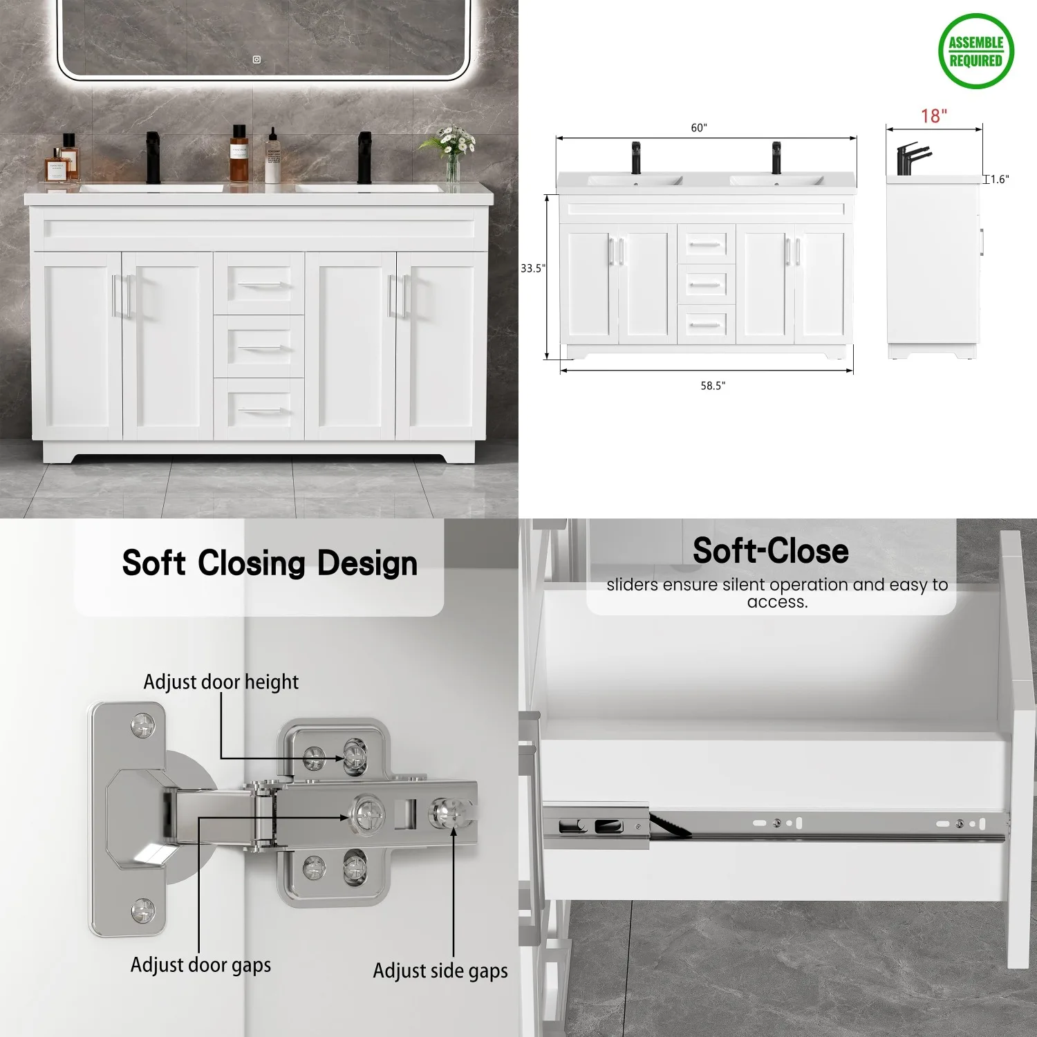 

60in White Solid Wood Freestanding Bathroom Vanity with Sink Combo Soft-Closing Doors Drawers Faucets Not Included,Customized