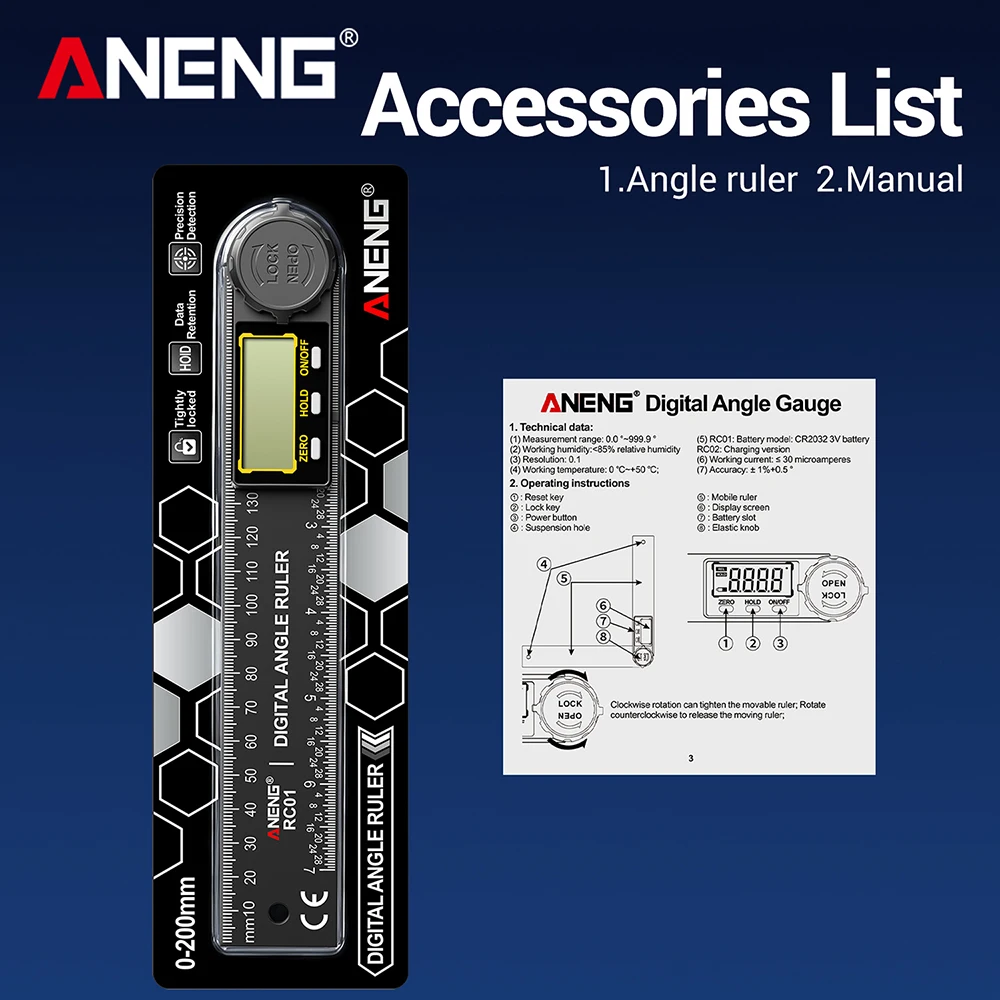 ANENG Hochpräzisions-360 ° Digitaler LCD-Winkelmesser, Winkelfinder, Holzbearbeitungswerkzeuge für Rauminspektion und -messung – Detail 27