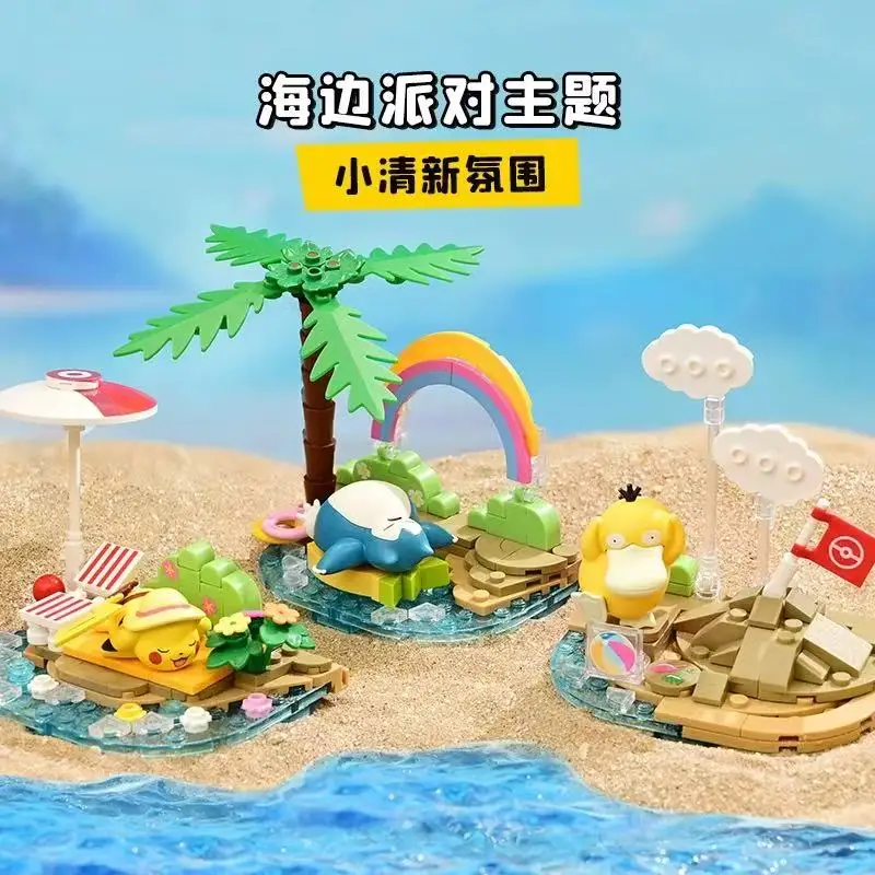 Original Pokémon Beach Party Theme Building Blocks Toys Pikachu Eevee Snorlax Pichu Figure Assemble Model Kids Puzzle Block Toys