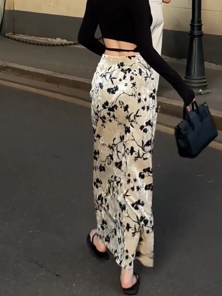 

Винтажная бархатная юбка макси с принтом для женщин, простая модная повседневная длинная юбка, осенне-зимняя новинка для офиса и повседневной носки
