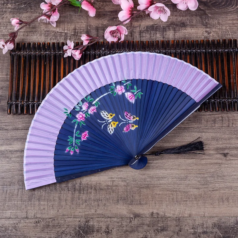 Chinese Japanese Silk Folding Fan Wooden Shank Classical Dance Fan High Quality Tassel Elegent Female Fan Home Decoration