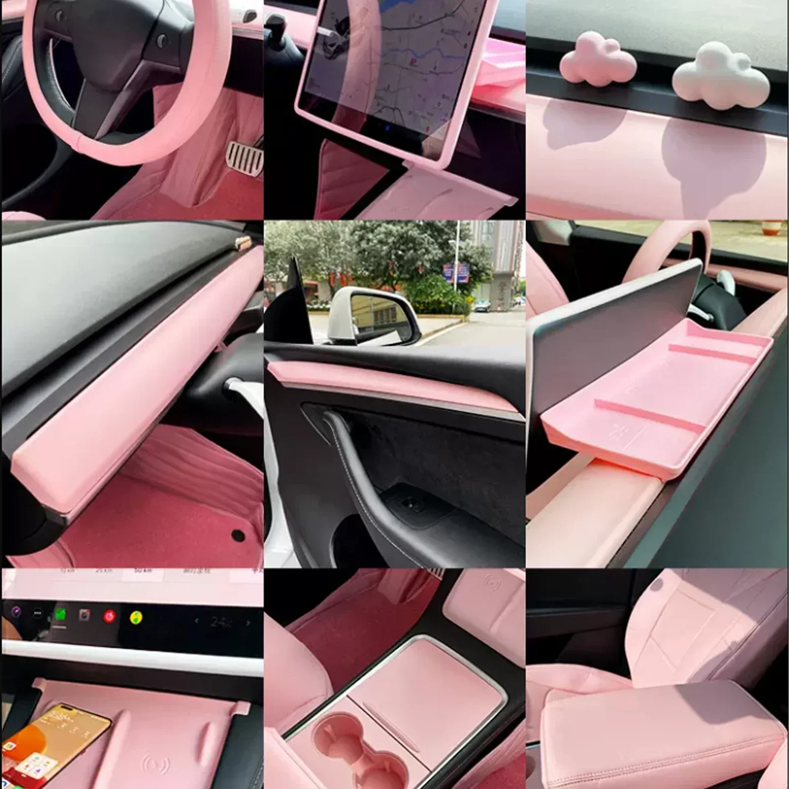 Per Tesla Model 3 Y Scatola portaoggetti per console centrale rosa Rivestimento protettivo Schermo del volante Copertura laterale Bracciolo